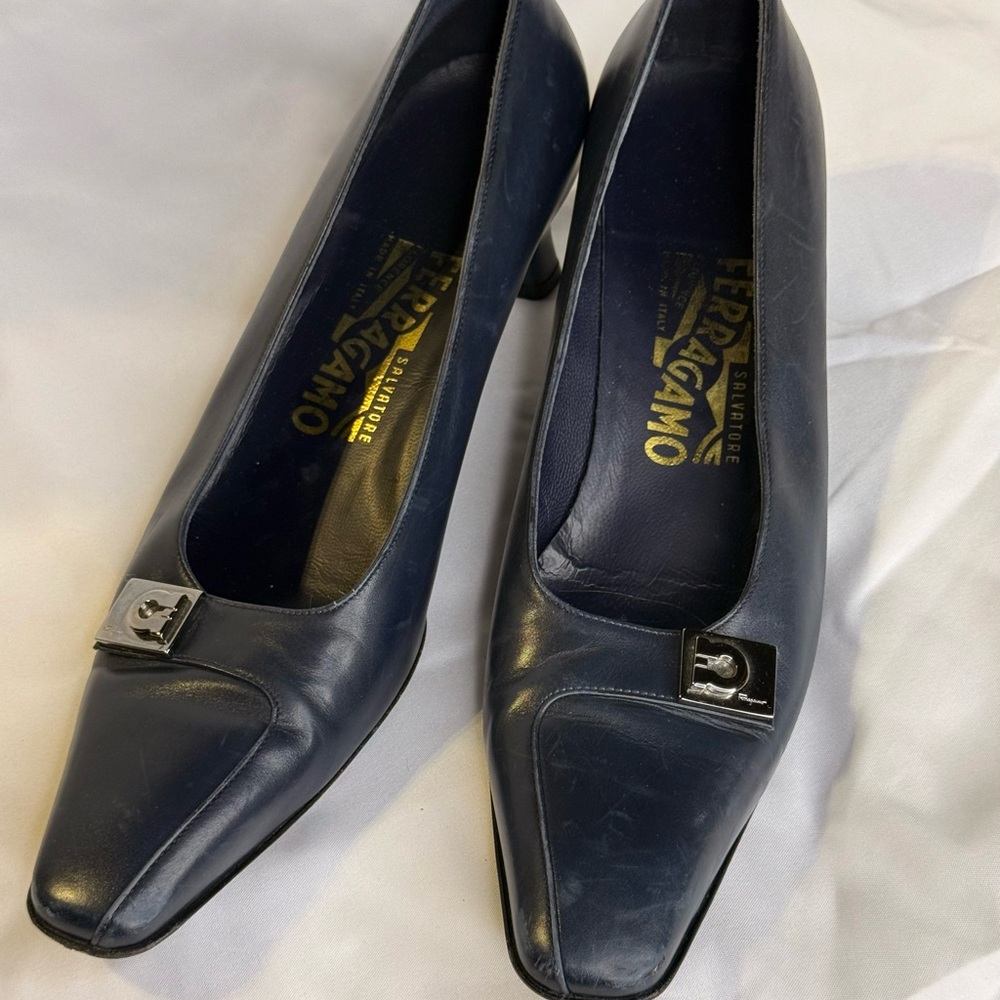 Salvatore Ferragamo Navy Leather Block Heel Pumps with Silver Accent